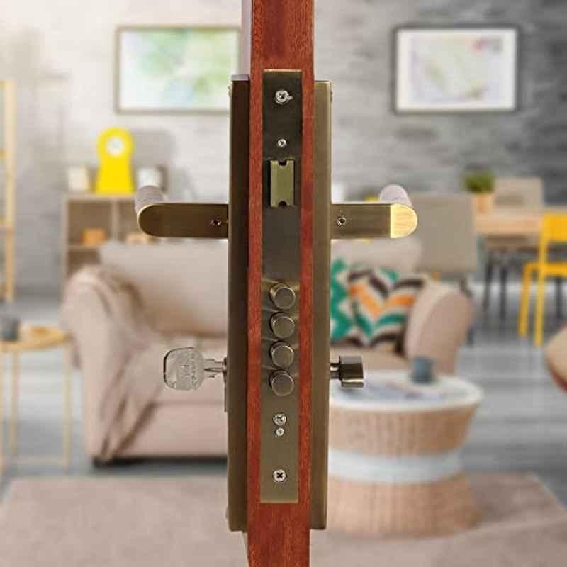 Voltizi â€ŽStainless Steel â€ŽAntique Brass Finish Mortise Main Door Lock with 4 Latches & One Side Key Cylinder & Pull Handle, MG303