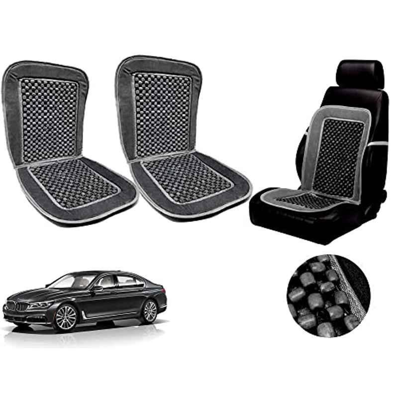 Auto Pearl PU, Velvet & Wooden Beads Grey Rectangular Seat Cushion for BMW 725i (Pack of 2 )