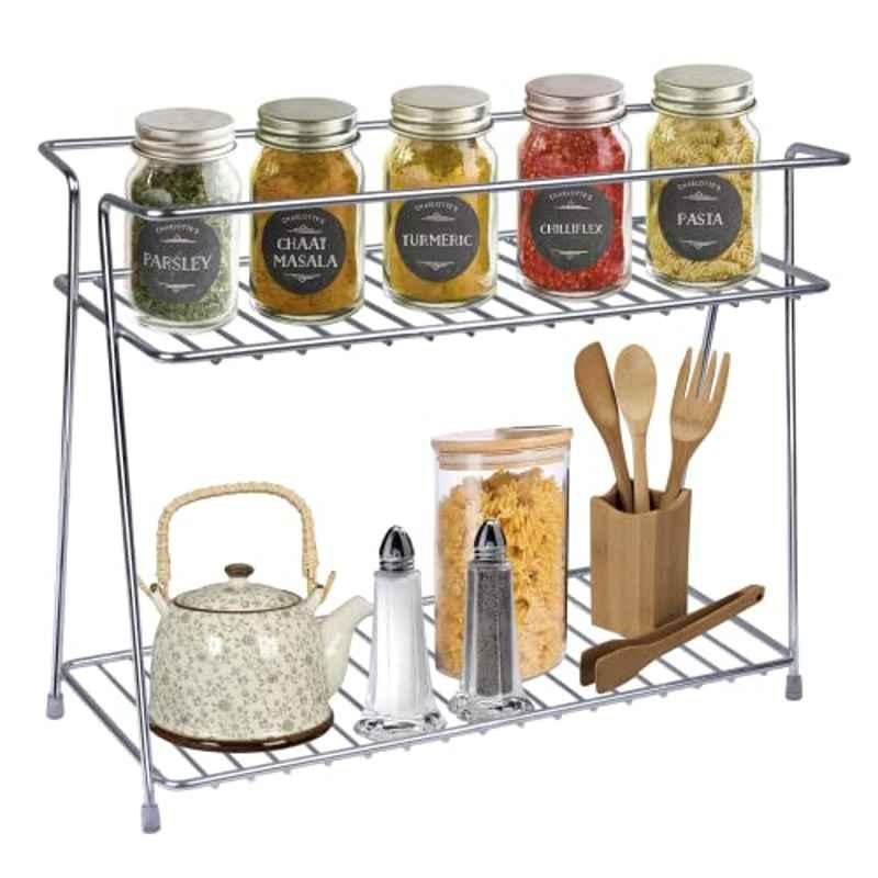 Plantex Stainless Steel Silver Countertop Heavy Duty 2 Tier Kitchen Corner Storage Shelf, APS-453