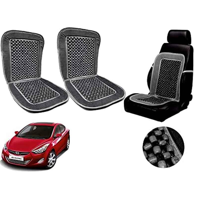 Auto Pearl PU, Velvet & Wooden Beads Grey Rectangular Seat Cushion for Hyundai Elantra (Pack of 2 )