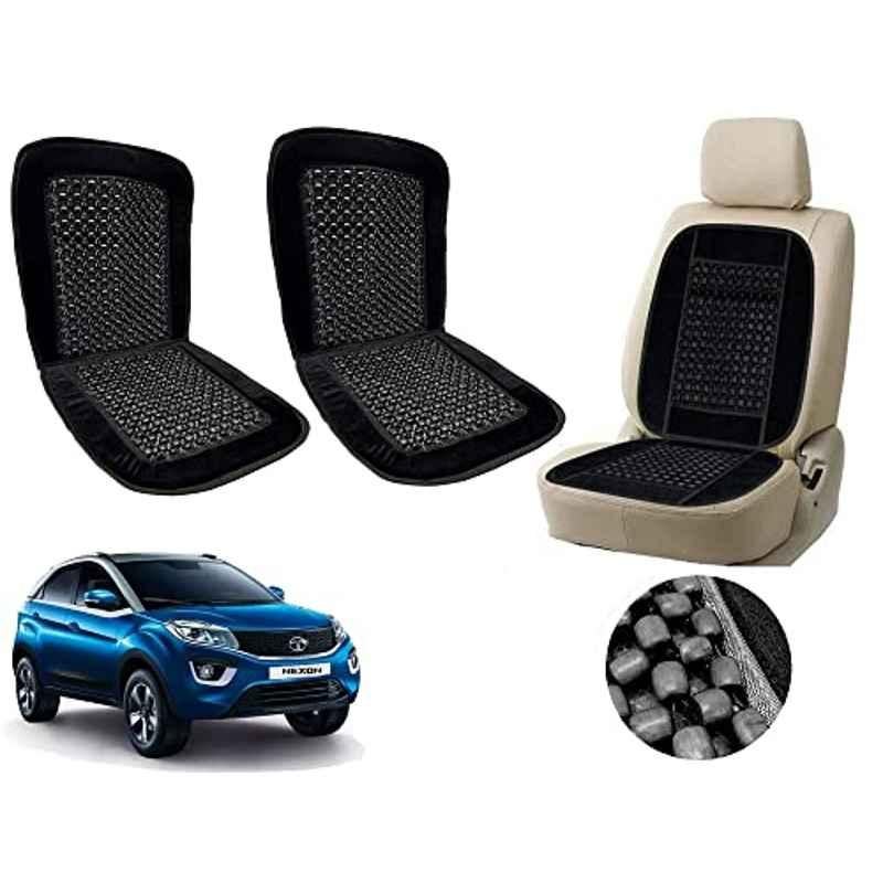 Auto Pearl PU, Velvet & Wooden Beads Black Rectangular Seat Cushion for Tata Nexon (Pack of 2 )