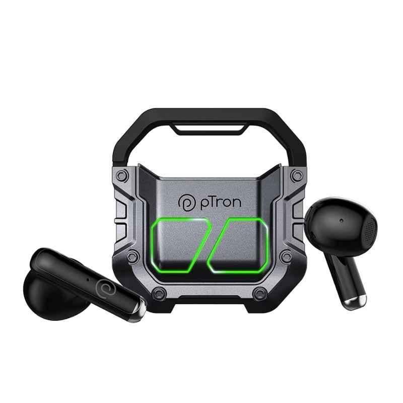 pTron Bassbuds Xtreme 13mm Grey & Black In-Ear Bluetooth Wireless Earbuds with Mic, Stereo Calls, Deep Bass & Type-C Fast Charging