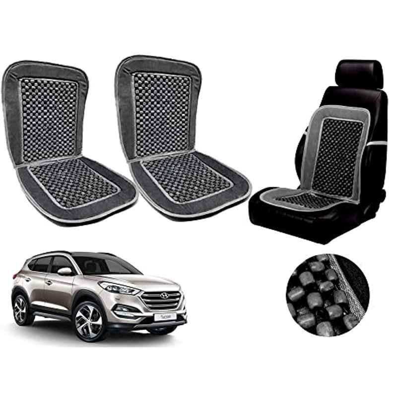 Auto Pearl PU, Velvet & Wooden Beads Grey Rectangular Seat Cushion for Hyundai Tucson (Pack of 2 )
