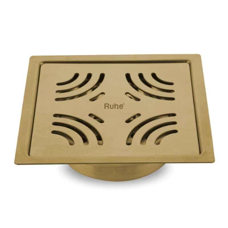 Ruhe Emerald 6x6 inch Stainless Steel 304 Yellow Gold PVD Coating Square Flat Cut Floor Drain, 16-0322-05