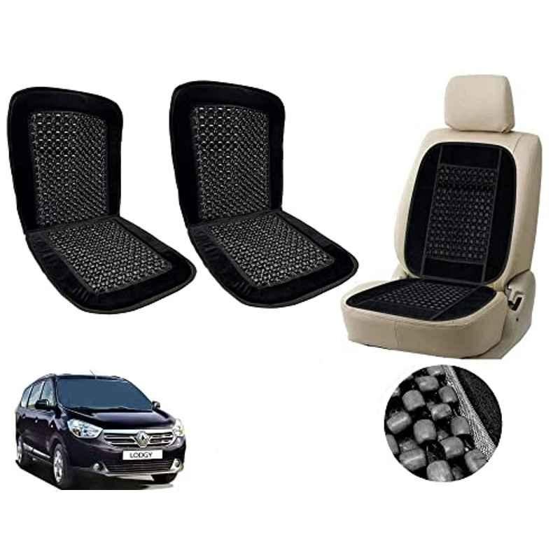 Auto Pearl PU, Velvet & Wooden Beads Black Rectangular Seat Cushion for Renault Lodgy (Pack of 2 )