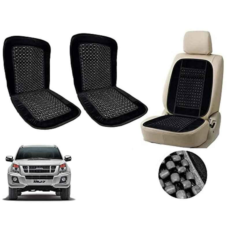 Auto Pearl PU, Velvet & Wooden Beads Black Rectangular Seat Cushion for Isuzu MU-7 2014 (Pack of 2 )
