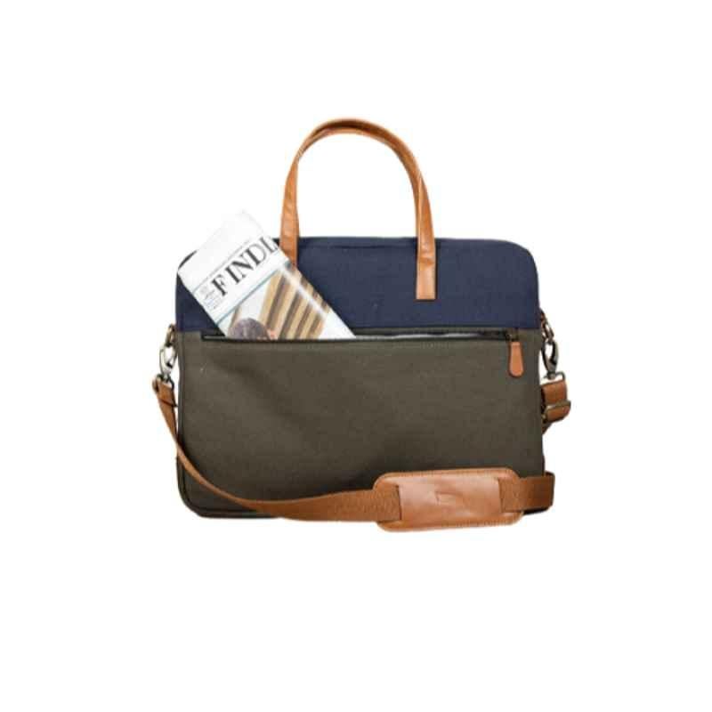 All Sorted 14 inch Faux Leather Navy & Khaki Laptop Bag with Shoulder Pad Side Strap