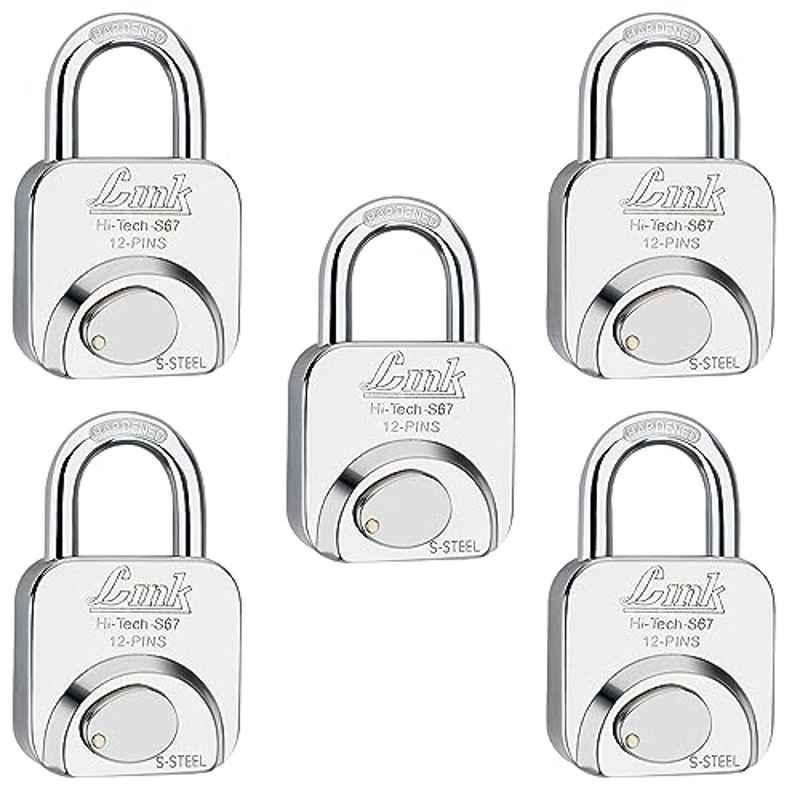 Link 67mm Stainless Steel Hardened Shackle Padlock with 3 Silver Keys & Free Key Hanger, HT-S67-SS (Pack of 5)