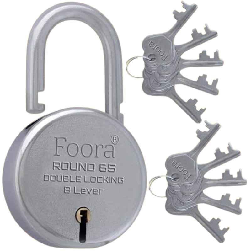 Foora 65mm Silver Steel Door Double Locking Padlock with 10 Keys, 8 Lever, Round 65