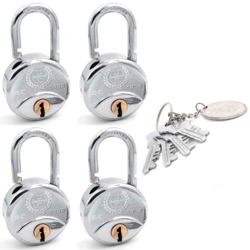 Harrison 50mm 8 Lever Mild Steel Bright Chrome Plated Finish Round Padlock with 4 Keys, SC-2000-0552 (Pack of 4)
