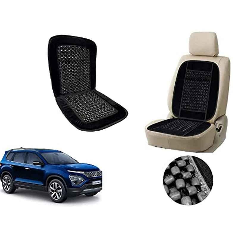Auto Pearl PU, Velvet & Wooden Beads Black Rectangular Seat Cushion for Tata Safari