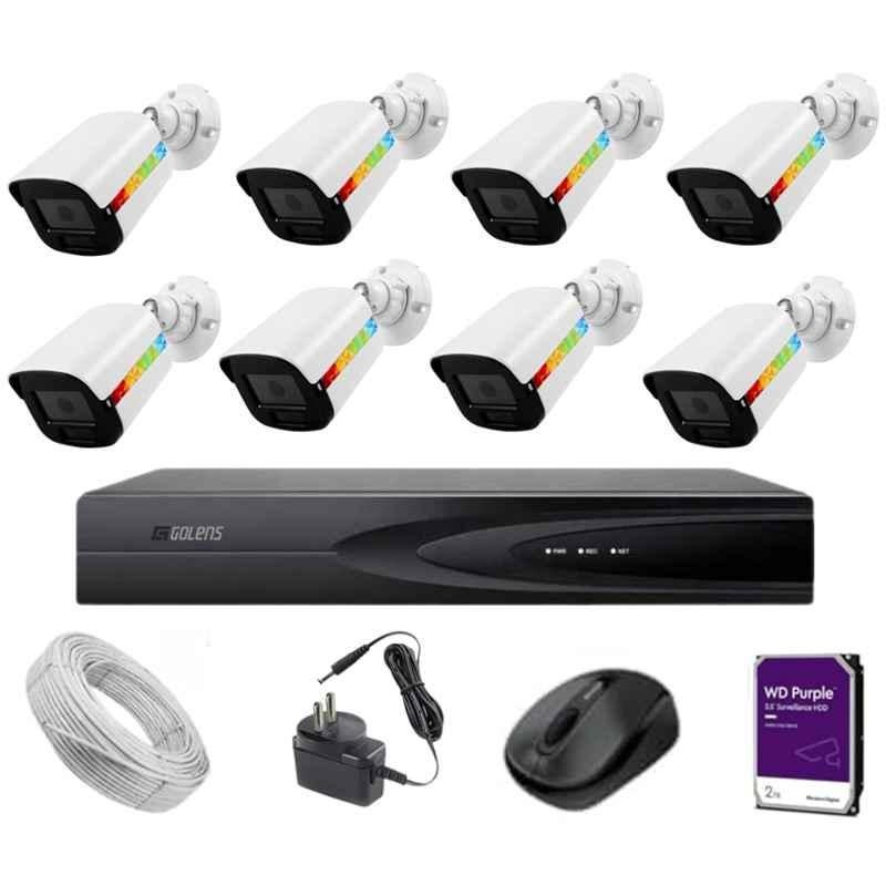 Golens 8 Pcs 8MP Day/Night Vision Bullet, 8 Channel NVR with Built in 8 Channel POE, 2TB Hard Disk & 100 m CAT6 Cable CCTV Camera Kit