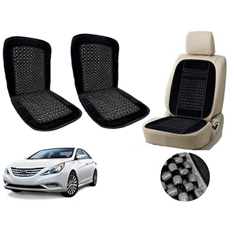 Auto Pearl PU, Velvet & Wooden Beads Black Rectangular Seat Cushion for Hyundai Sonata (Pack of 2 )