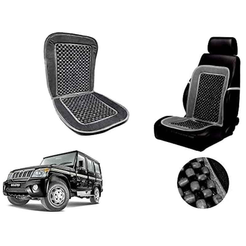 Auto Pearl PU, Velvet & Wooden Beads Grey Rectangular Seat Cushion for Mahindra Bolero