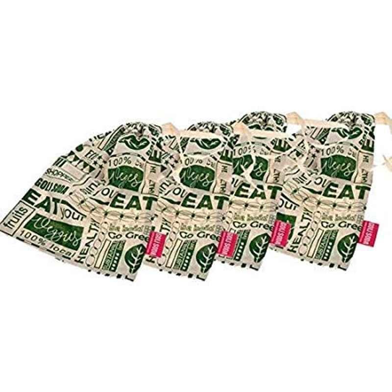 Goli Soda Cotton Green Reusable Big Vegetable Bag, GSVB004x4 (Pack of 4)