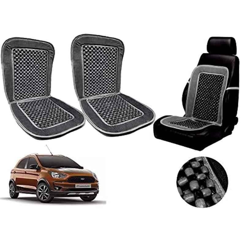 Auto Pearl PU, Velvet & Wooden Beads Grey Rectangular Seat Cushion for Ford Aspire Free Style (Pack of 2 )