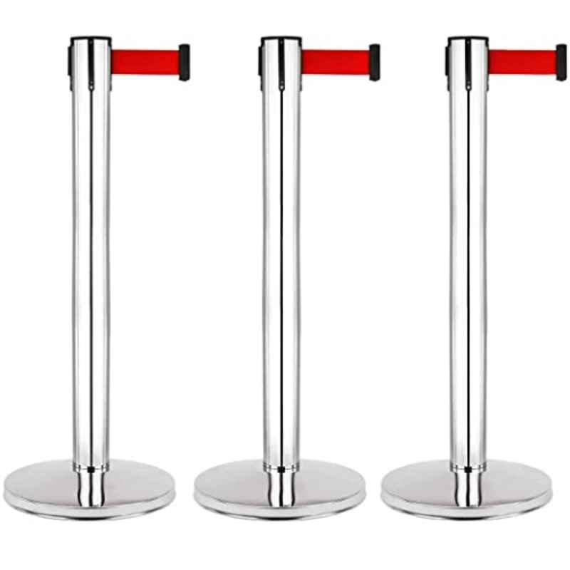 Ladwa 3 Pcs Red Queue Manager with 202 Grade Extendable 2.25m Hook Type Stanchions Barrier Accessories Steel Barricade Set