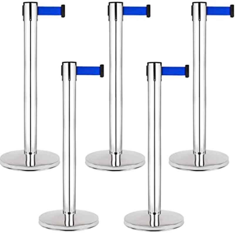 Ladwa 5 Pcs Blue Queue Manager with 202 Grade Extendable 2.25m Hook Type Stanchions Barrier Accessories Steel Barricade Set