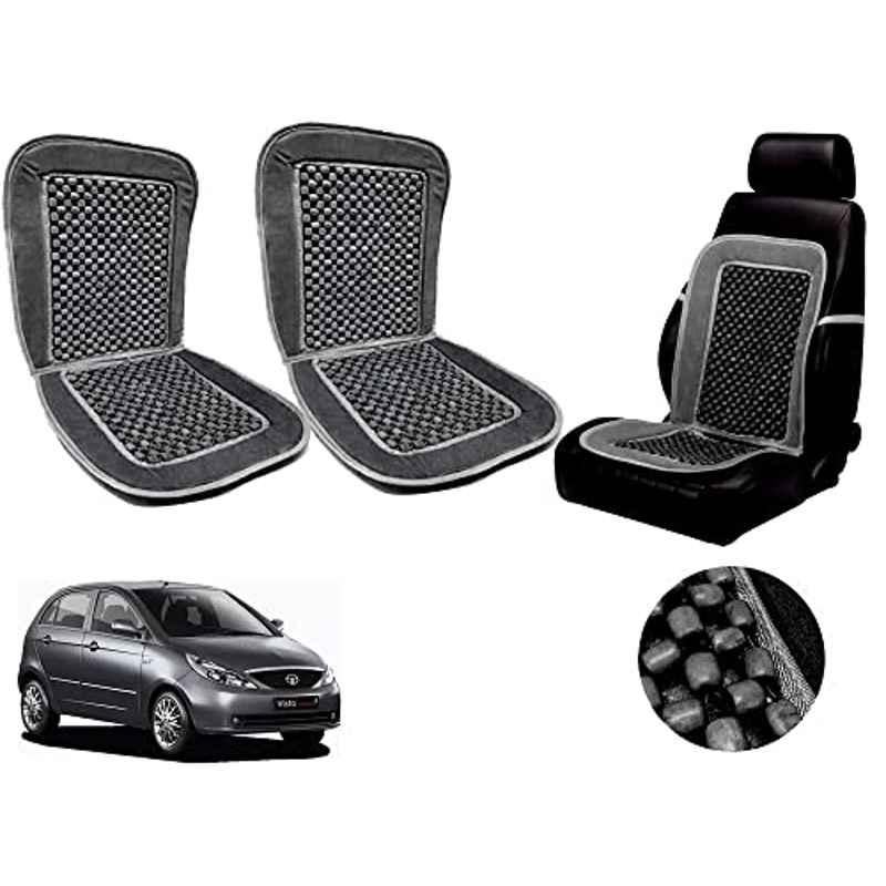 Auto Pearl PU, Velvet & Wooden Beads Grey Rectangular Seat Cushion for Tata Vista (Pack of 2 )