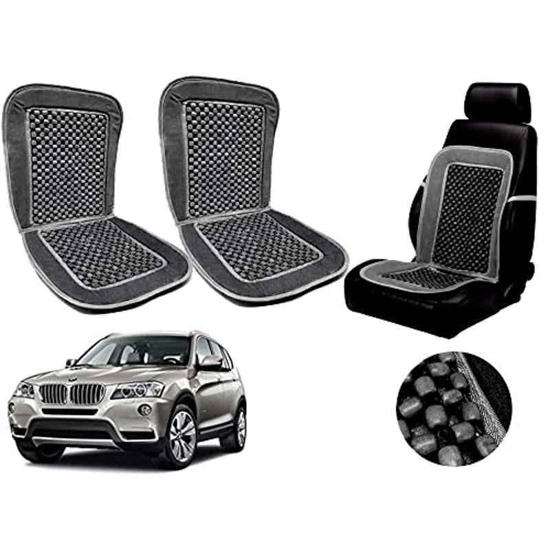 Auto Pearl PU, Velvet & Wooden Beads Grey Rectangular Seat Cushion for BMW X3 (Pack of 2 )