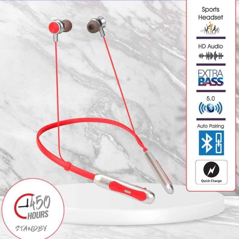 Hitage Fluorescent Red Bluetooth Neckband Earphone with 30hr Music Time, NBT-5658