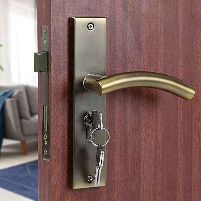 Voltizi 8 inch Stainless Steel 304 Antique Brass Finish Cylindrical Plate Mortise Door Lock Handle Set with Both Side Key 60mm Brass Cylinder, MG-1102