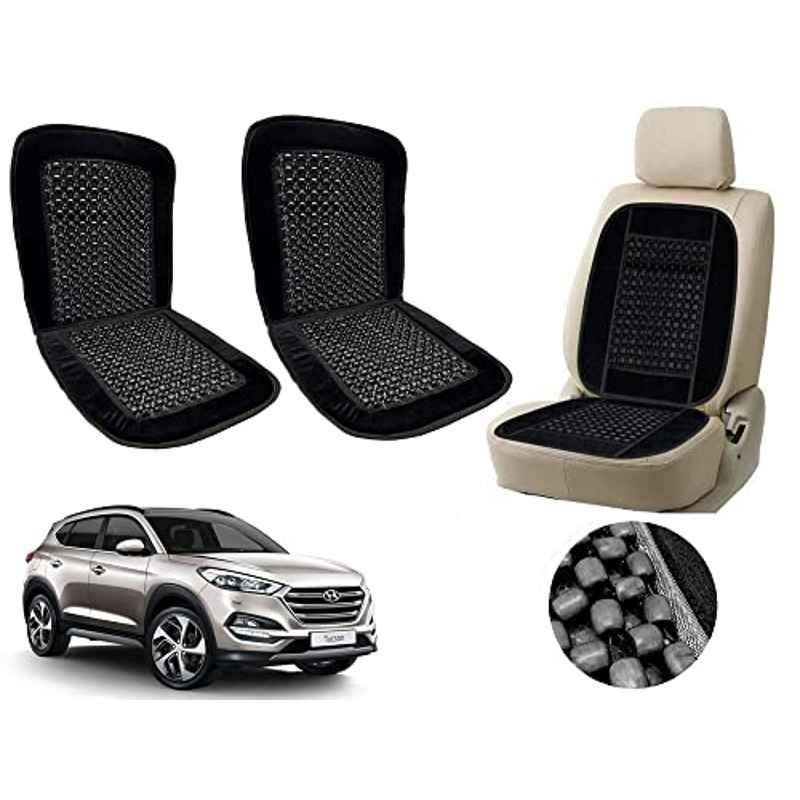 Auto Pearl PU, Velvet & Wooden Beads Black Rectangular Seat Cushion for Hyundai Tucson (Pack of 2 )