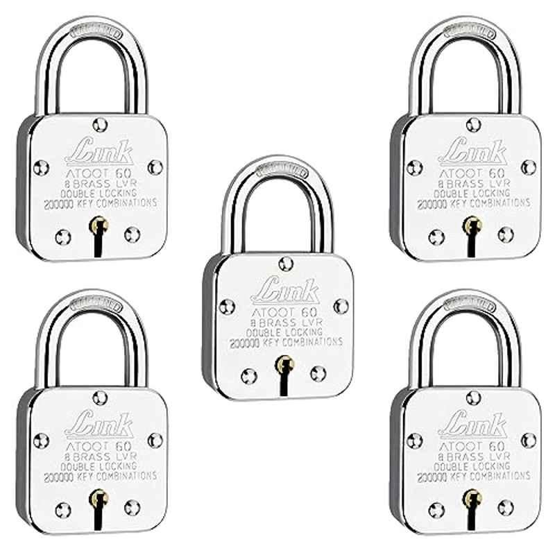 Link 60mm Steel Hardened Shackle Padlock with 8 Brass Lever, 3 Silver Keys & Free Key Hanger, Atoot 60 (Pack of 5)