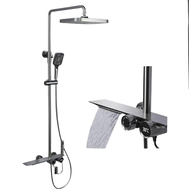 Aquieen Piano Brass Grey Shower Set with Temperature Control & Waterfall Mixer