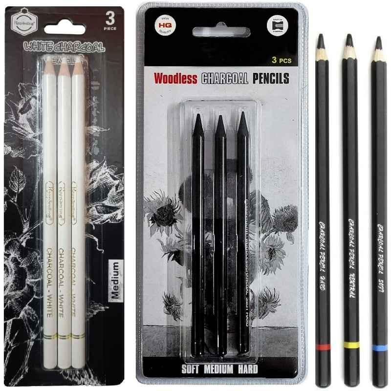 ChiggiWiggi 3 Pcs Black Woodless Charcoal Pencil Set, 3 Pcs Black Charcoal Pencil Set & 3 Pcs White Charcoal Pencil Set Combo, C91