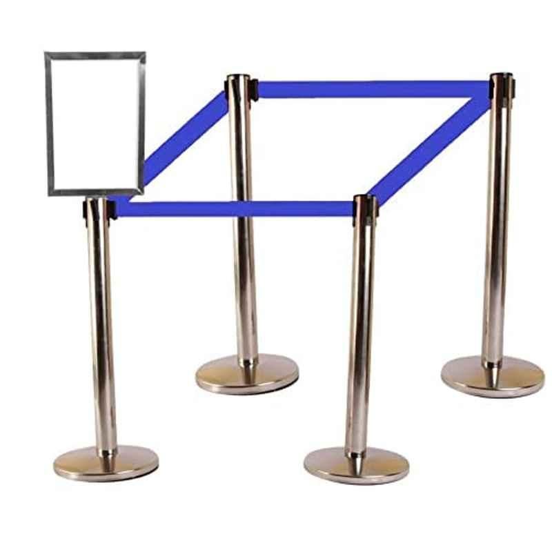 Ladwa 2 Pcs Stainless Steel Hook Type Barricade Set with 2.25m Blue Belt & A4 Sign Plate, LSI-QMBE-A4-P2-N