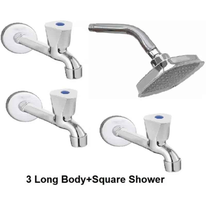 Fastgear 3 Pcs Stainless Steel Chrome Finish Long Body Tap with Square Slim Shower Set
