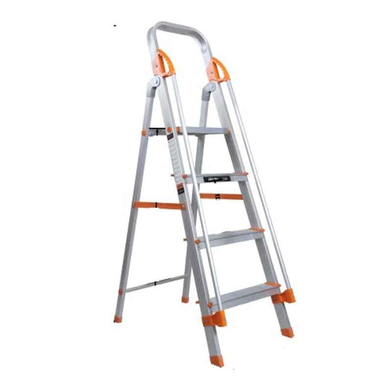 Plantex Aluminium Orange & Silver 4 Step Anit Skid Folding Ladder with Safe Hand Rail, APS-833-4