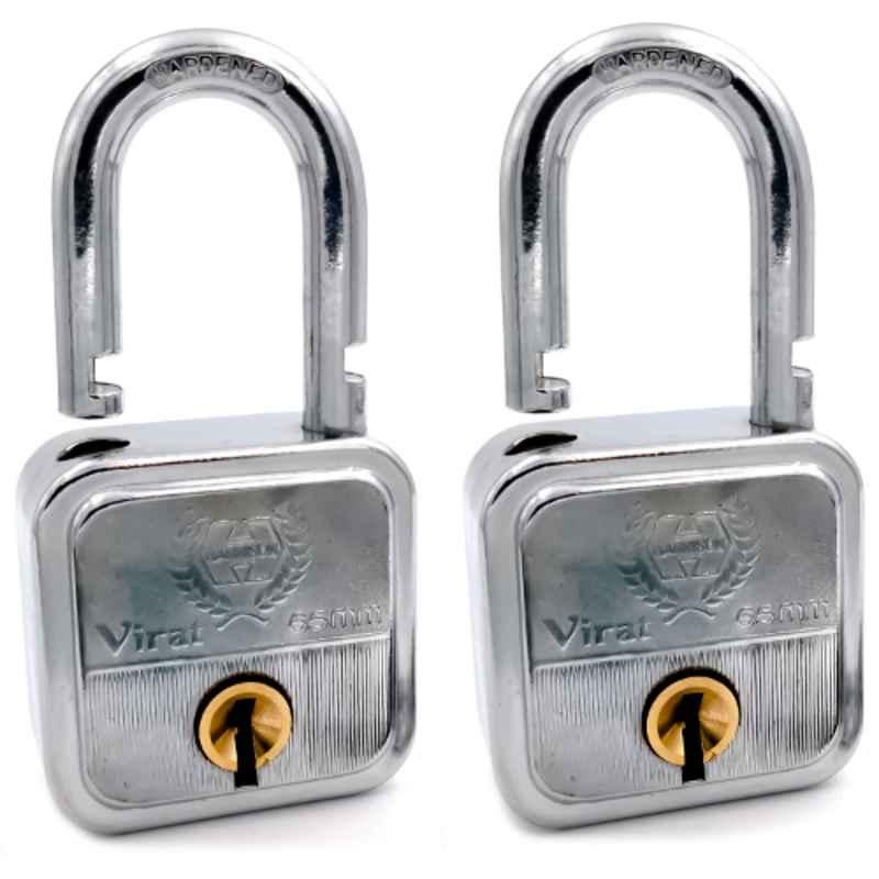 Harrison 65mm 8 Lever Mild Steel Bright Chrome Plated Finish Square Padlock with 4 Keys, VIRAT-0580 (Pack of 2)