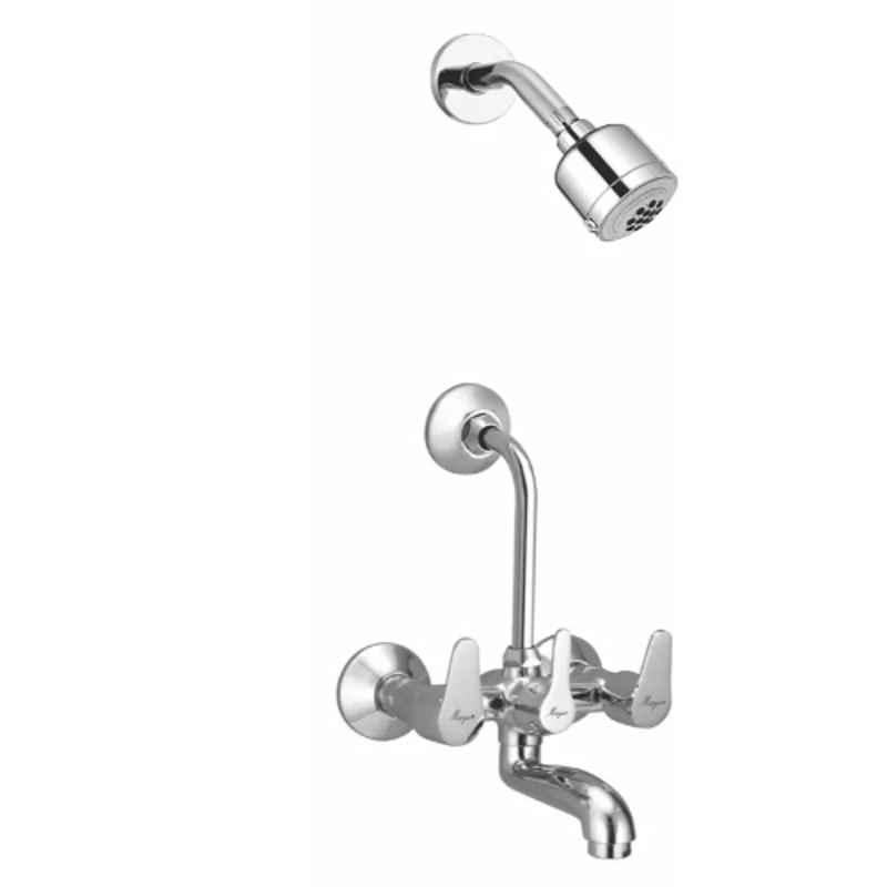 Mayur Ocich Trendy 2 Pcs Brass Wall Mounted Silver Wall Mixer Bathroom Set with Multi Flow Overhead Shower