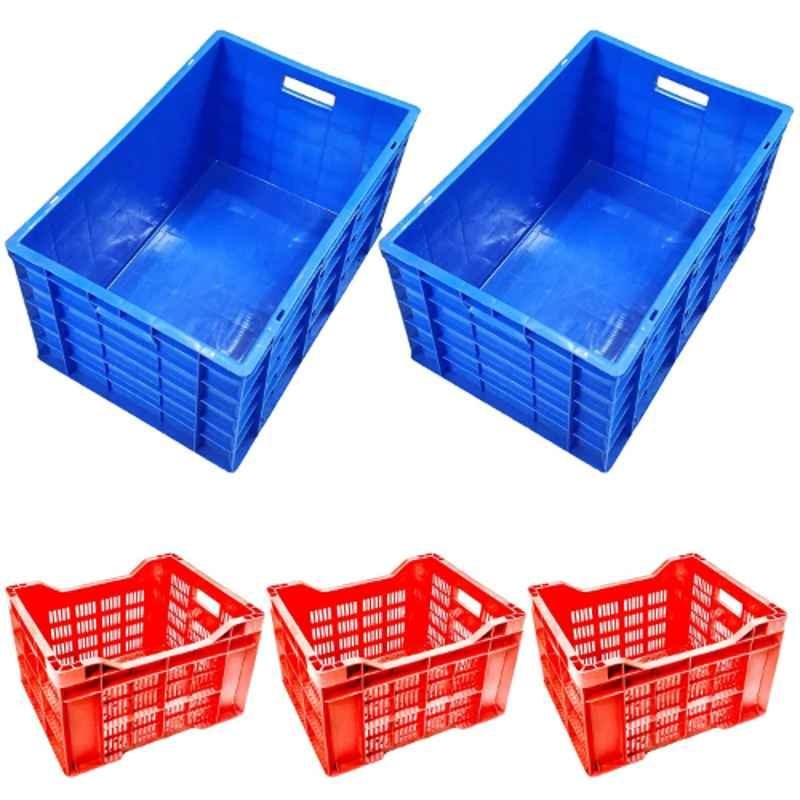 Xela 285-2BS 5 Pcs Plastic Blue & Red Multipurpose Heavy Duty Portable Crate Set