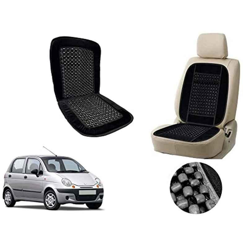 Auto Pearl PU, Velvet & Wooden Beads Black Rectangular Seat Cushion for Daewoo Matiz