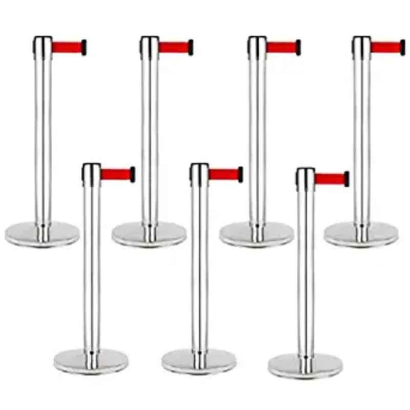 Ladwa 7 Pcs Red Queue Manager with 202 Grade Extendable 2.25m Hook Type Stanchions Barrier Accessories Steel Barricade Set