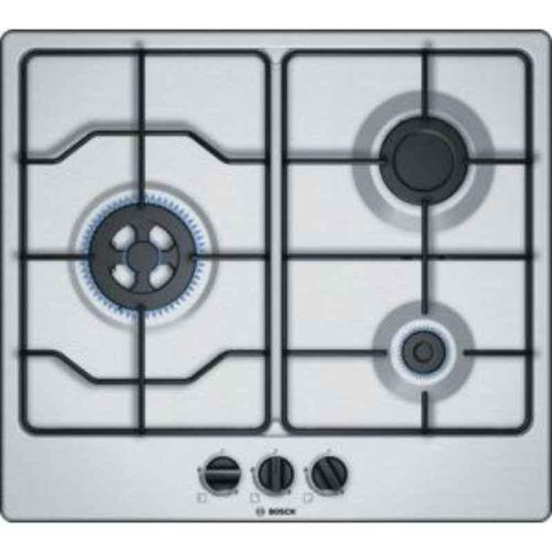Bosch Serie-4 60cm 3 Burner Auto Ignition Stainless Steel Gas Hob, PGC6B5B801