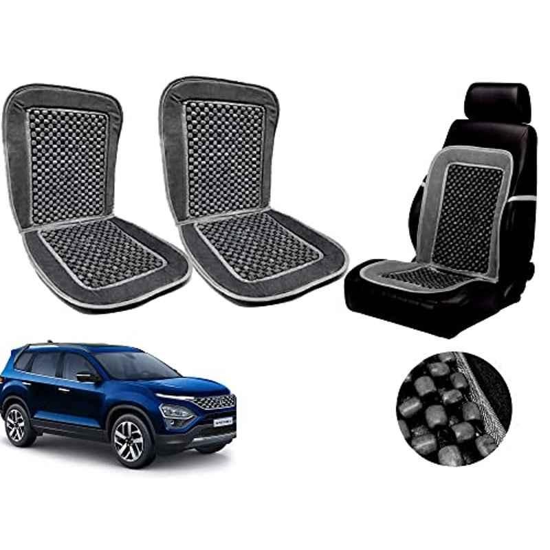 Auto Pearl PU, Velvet & Wooden Beads Grey Rectangular Seat Cushion for Tata Safari (Pack of 2 )