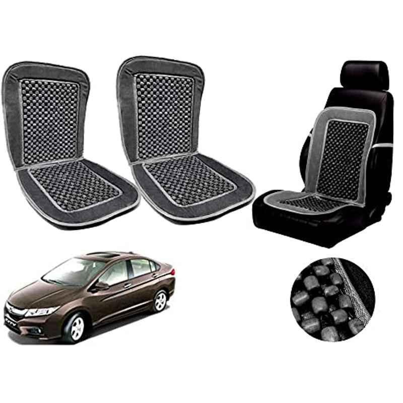Auto Pearl PU, Velvet & Wooden Beads Grey Rectangular Seat Cushion for City Idtec (Pack of 2 )