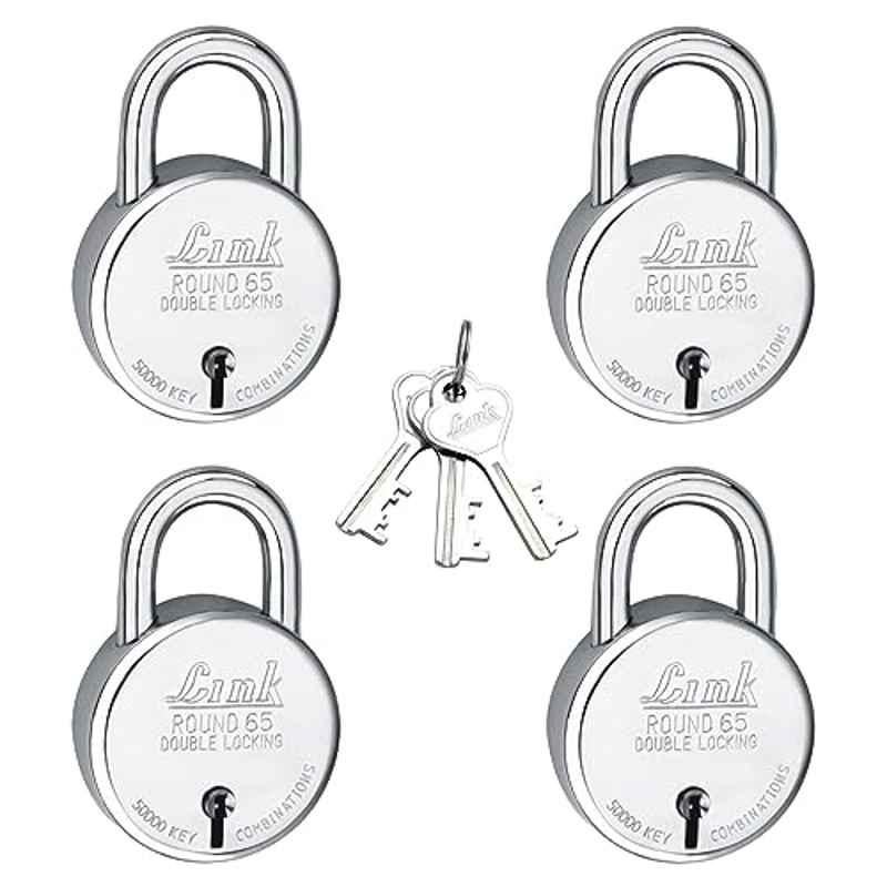 Link 65mm Silver Stainless Steel Round Double Locking Padlock with 3 Keys (Pack of 4)