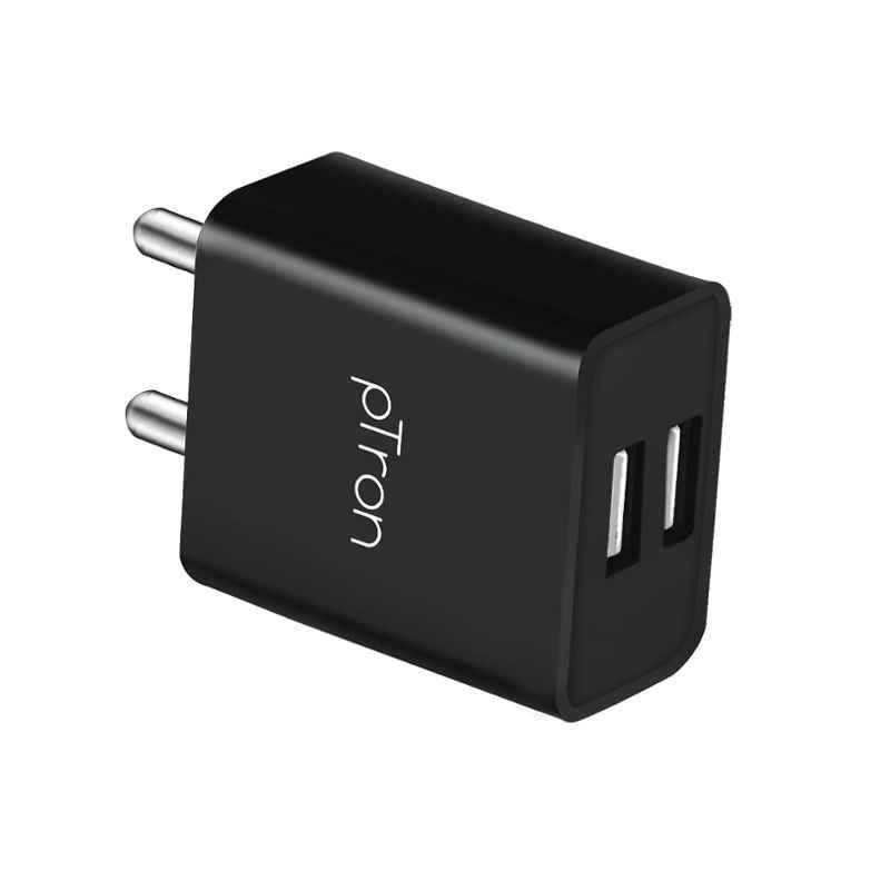 pTron Volta 12W Black Dual Port Smart USB Charger Adapter with Multi-Layer Protection for All iOS & Android Devices