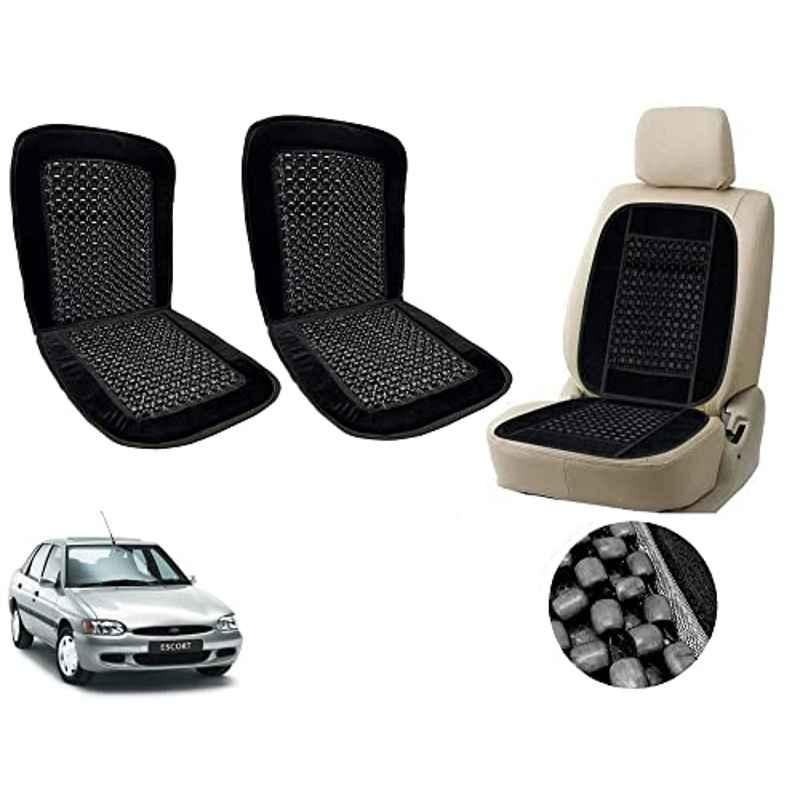 Auto Pearl PU, Velvet & Wooden Beads Black Rectangular Seat Cushion for Ford Escort (Pack of 2 )