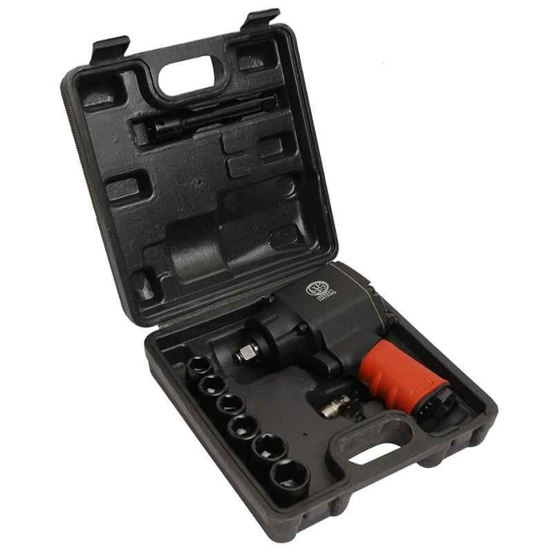 HULK 1/2 inch 550Nm Compact Black & Red Air Impact Wrench with Socket Set, AT198