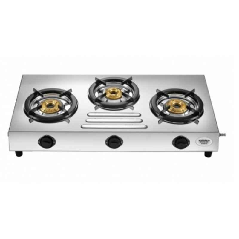 Maharaja Whiteline Aventus 3B 3 Brass Burners Manual Silver Stainless Steel Cook Top