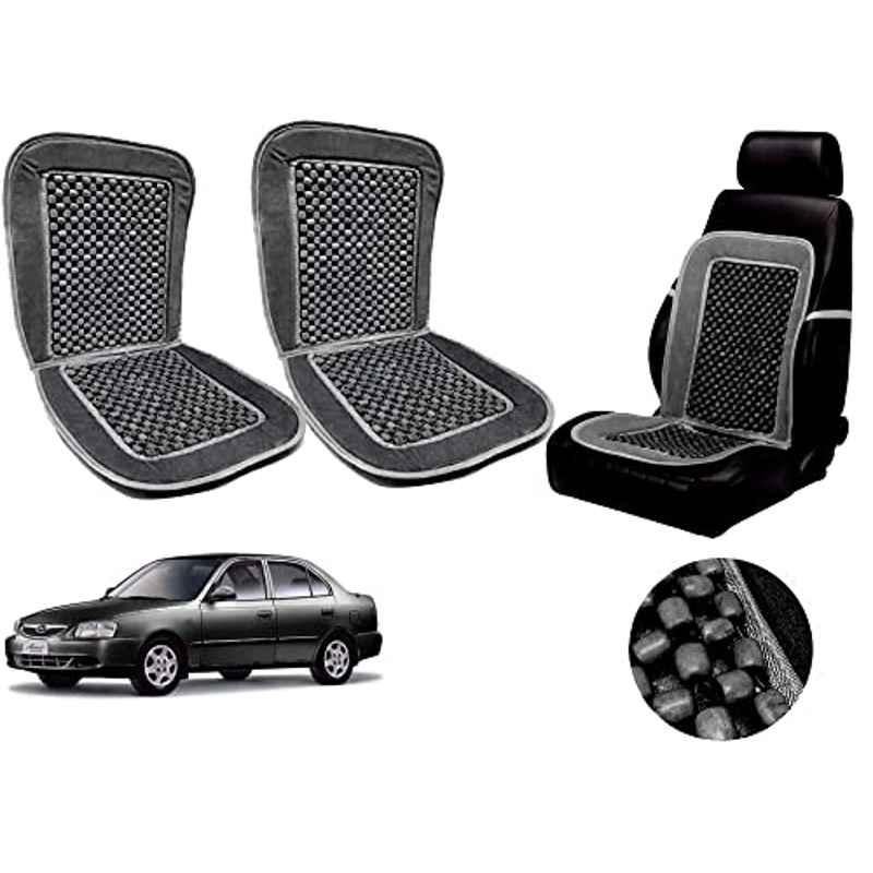 Auto Pearl PU, Velvet & Wooden Beads Grey Rectangular Seat Cushion for Hyundai Accent (Pack of 2 )