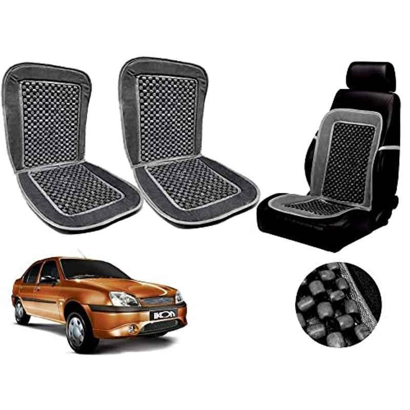 Auto Pearl PU, Velvet & Wooden Beads Grey Rectangular Seat Cushion for Ford Ikon (Pack of 2 )
