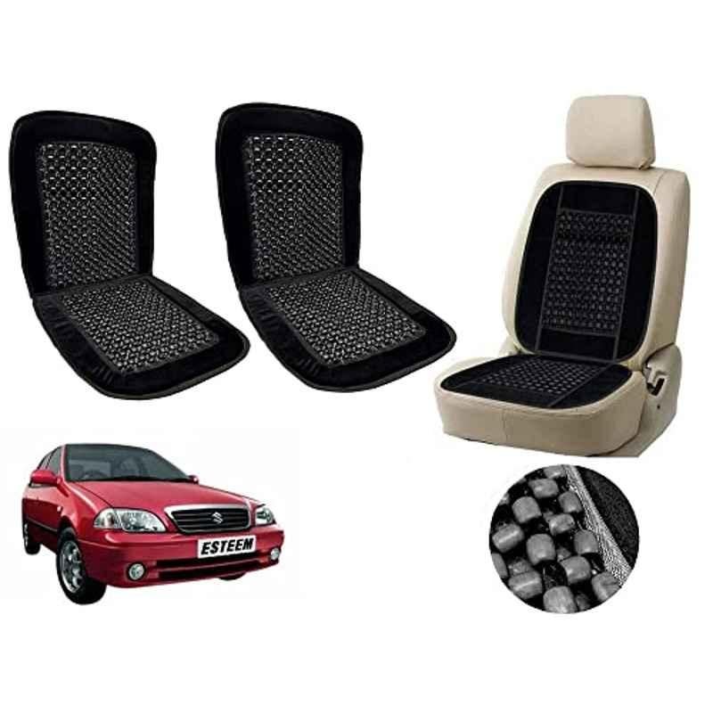 Auto Pearl PU, Velvet & Wooden Beads Black Rectangular Seat Cushion for Maruti Suzuki Esteem (Pack of 2 )