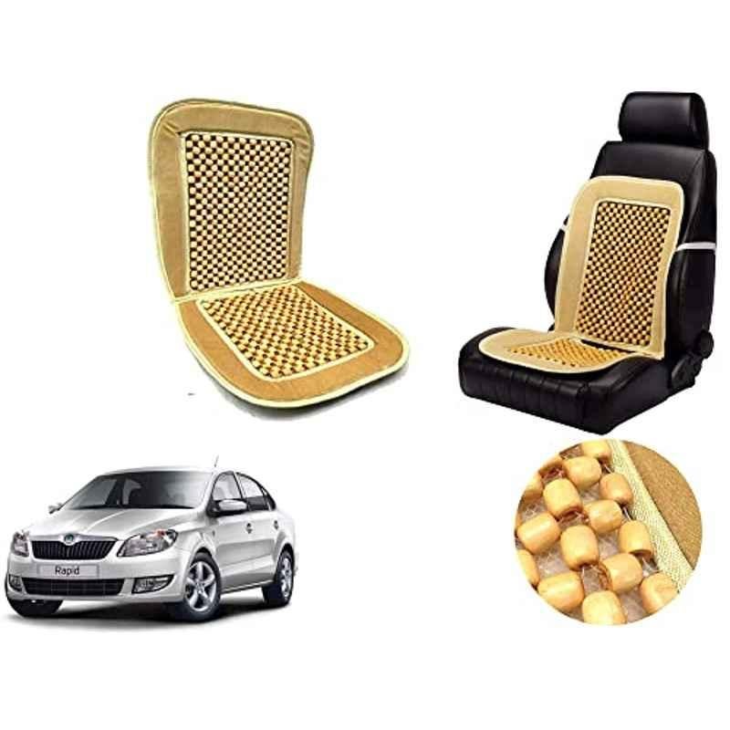 Auto Pearl PU, Velvet & Wooden Beads Beige Rectangular Seat Cushion for Skoda Rapid